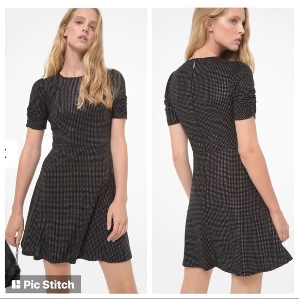 NWT Michael Kors Metallic Polka Dot Matte Jersey Ruched-Sleeve Dress